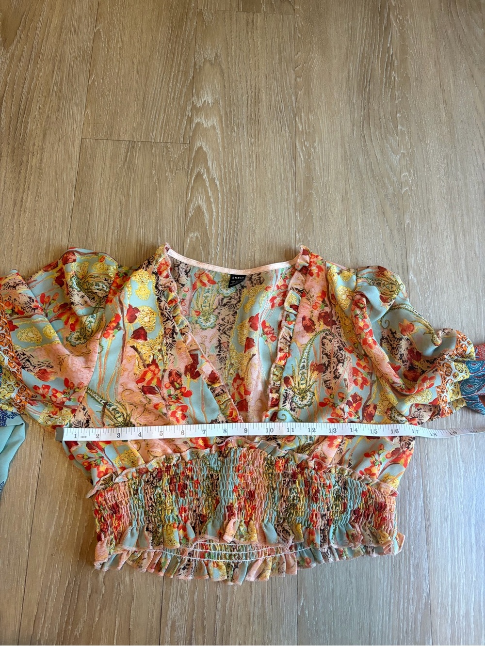 Sage & Coral Floral Smocked Cropped Peasant Top - Picture 12 of 13